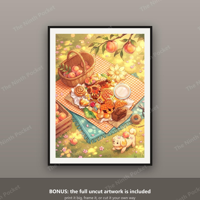 K&ouml;nnte beinhalten: Eine digitale Illustration einer Picknickszene mit einem geflochtenen Korb voller Pfirsiche, einer karierten Decke, verschiedenen Geb&auml;ckst&uuml;cken, einem kleinen wei&szlig;en Hund und einer Holzkiste mit Pfirsichen unter einem Baum mit Fr&uuml;chten.