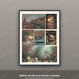 May include: A multi-panel art print featuring a coastal village, a creature sitting on books, a lantern with rope, a central trading card, a creature in a library, and an underwater scene with a clock, teacups, and a jellyfish-like creature.