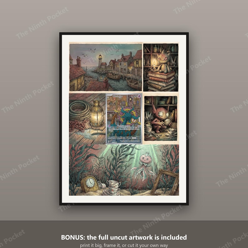 May include: A multi-panel art print featuring a coastal village, a creature sitting on books, a lantern with rope, a central trading card, a creature in a library, and an underwater scene with a clock, teacups, and a jellyfish-like creature.
