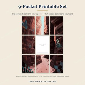 May include: A 9-pocket printable set featuring a grid of nine rectangular tiles displaying a canyon landscape illustration. The center tile is a blank white rectangle with the text "YOUR CARD HERE". The surrounding tiles show brown rock formations, a waterfall, and desert plants.