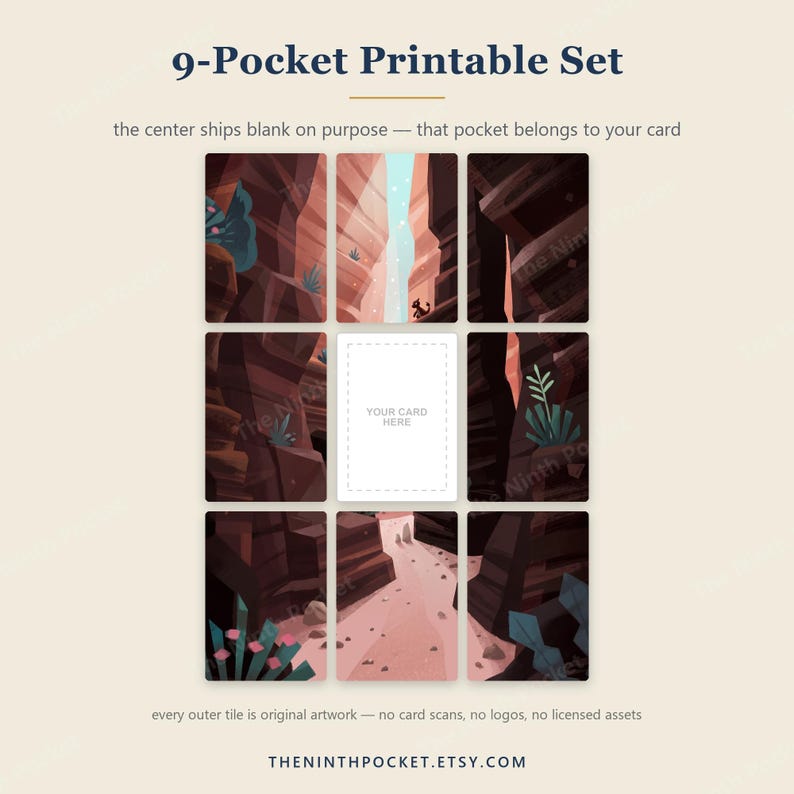 May include: A 9-pocket printable set featuring a grid of nine rectangular tiles displaying a canyon landscape illustration. The center tile is a blank white rectangle with the text "YOUR CARD HERE". The surrounding tiles show brown rock formations, a waterfall, and desert plants.