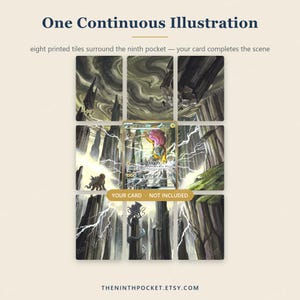 May include: A set of eight printed tiles arranged in a grid with a central empty space for a trading card. The tiles feature a continuous illustration of dark, jagged rock formations, swirling clouds, and white lightning bolts. Text reads: One Continuous Illustration, eight printed tiles surround the ninth pocket &mdash; your card completes the scene, YOUR CARD &middot; NOT INCLUDED, and THENINTHPOCKET.ETSY.COM.