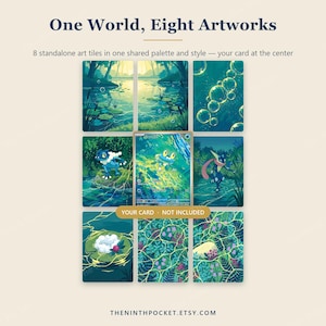 May include: Eight rectangular art tiles arranged in a grid featuring blue and green nature scenes with water, bubbles, and foliage. A central space holds a Froakie trading card with the text YOUR CARD - NOT INCLUDED. The header reads One World, Eight Artworks.