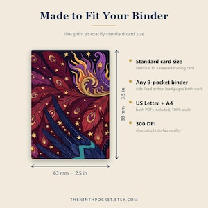 May include: A rectangular card featuring a dark purple and red peacock feather pattern with gold stars and a blue wing. Text includes Made to Fit Your Binder, Standard card size, 9-pocket binder, US Letter + A4, 300 DPI. Dimensions are 2.5 inches by 3.5 inches.