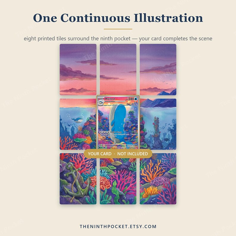 Puede incluir: Un conjunto de ocho azulejos impresos con una ilustraci&oacute;n submarina continua que muestra un cielo al atardecer, arrecifes de coral y un ancla. El texto dice One Continuous Illustration, eight printed tiles surround the ninth pocket y YOUR CARD NOT INCLUDED.