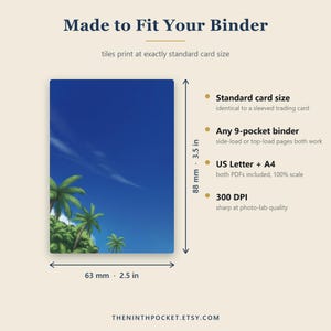 Op de afbeelding: Een rechthoekige kaart met een blauwe lucht en palmbomen, van 63 mm bij 88 mm. De tekst bevat Made to Fit Your Binder, Standard card size, Any 9-pocket binder, US Letter + A4, 300 DPI en THENINTHPOCKET.ETSY.COM.