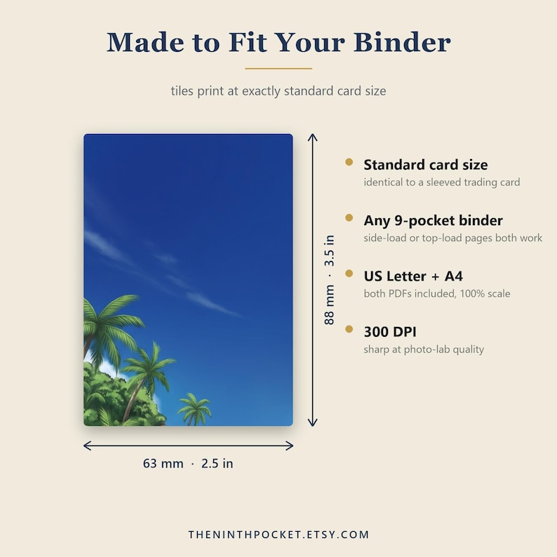 Op de afbeelding: Een rechthoekige kaart met een blauwe lucht en palmbomen, van 63 mm bij 88 mm. De tekst bevat Made to Fit Your Binder, Standard card size, Any 9-pocket binder, US Letter + A4, 300 DPI en THENINTHPOCKET.ETSY.COM.