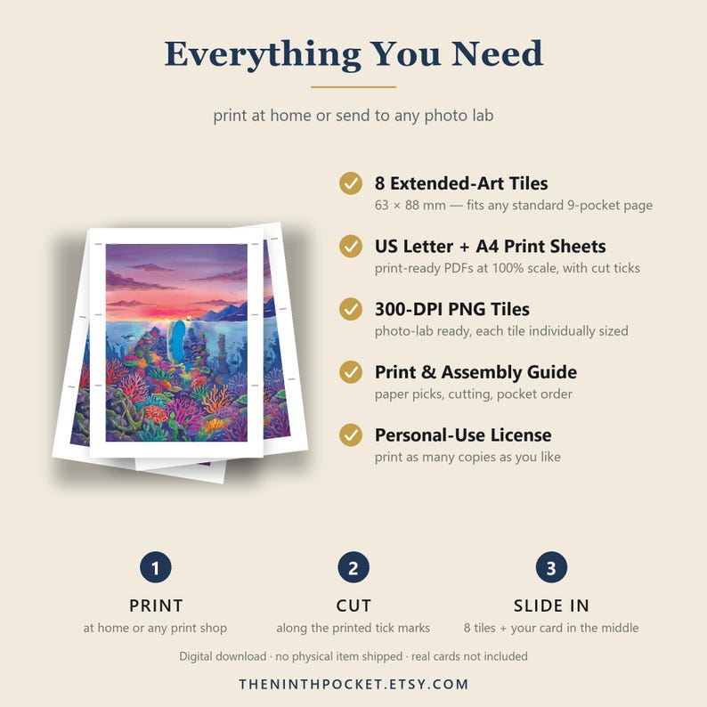 Puede incluir: Una gu&iacute;a de descarga digital titulada Everything You Need que incluye 8 mosaicos de arte extendido de 63 x 88 mm, hojas de impresi&oacute;n US Letter y A4, archivos PNG de 300 DPI, una gu&iacute;a de montaje y una licencia de uso personal para imprimir.