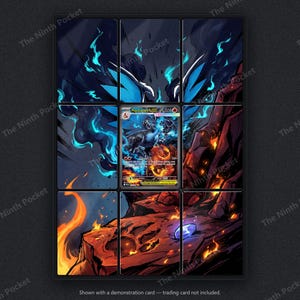 Peut inclure: Un pr&eacute;sentoir &agrave; neuf panneaux avec une carte &agrave; collectionner Mega Charizard X au centre, entour&eacute;e d'une illustration &eacute;tendue d'un paysage rocheux sombre avec des flammes bleues, du feu orange et un cristal bleu, avec le texte The Ninth Pocket.