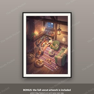 Puede incluir: Una ilustraci&oacute;n digital enmarcada de una habitaci&oacute;n acogedora con una chimenea de ladrillo, un fuego encendido y dos sillones verdes. Una peque&ntilde;a criatura duerme sobre una alfombra redonda cerca de una cesta de le&ntilde;a. Un farol cuelga.