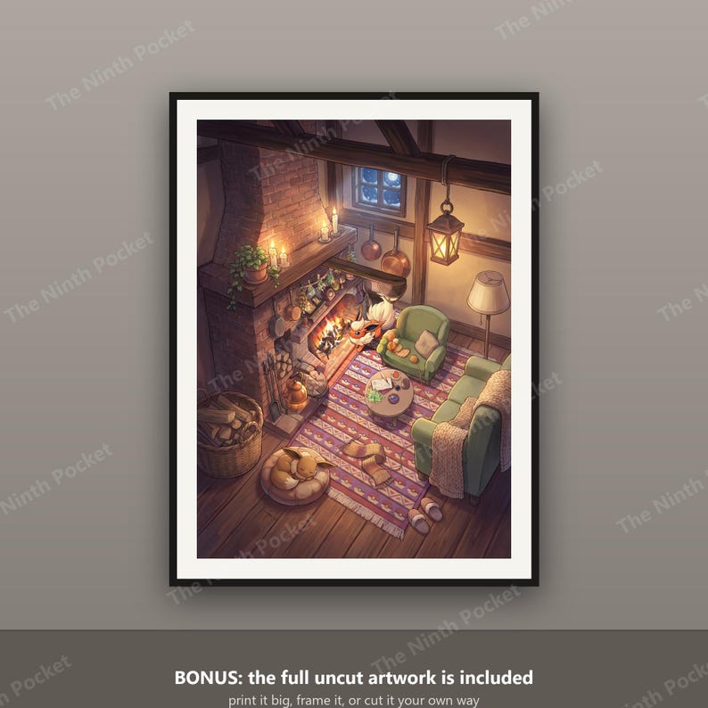 Puede incluir: Una ilustraci&oacute;n digital enmarcada de una habitaci&oacute;n acogedora con una chimenea de ladrillo, un fuego encendido y dos sillones verdes. Una peque&ntilde;a criatura duerme sobre una alfombra redonda cerca de una cesta de le&ntilde;a. Un farol cuelga.