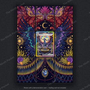 May include: A nine-panel display mat featuring a dark, ornate celestial design with purple, gold, and blue patterns, including wings, a crescent moon, and sun motifs. A single Umbreon trading card is centered in the middle panel of the grid.