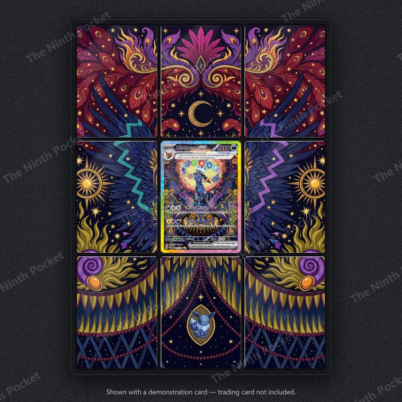 May include: A nine-panel display mat featuring a dark, ornate celestial design with purple, gold, and blue patterns, including wings, a crescent moon, and sun motifs. A single Umbreon trading card is centered in the middle panel of the grid.