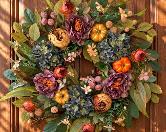 Fall Front Door Wreath, Artificial Pumpkin Peony Hydrangea Berry Arrangement, Farmhouse Porch Decor, Thanksgiving Wall Hanging