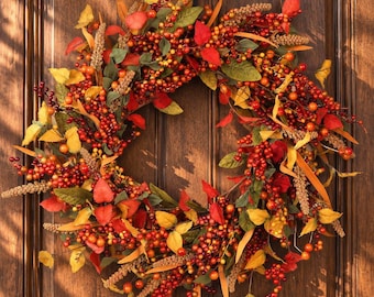 Herfstkrans voor de voordeur, rustieke pompoen- en bessenversiering, Thanksgiving-wanddecoratie, herfstdecoratie voor in huis