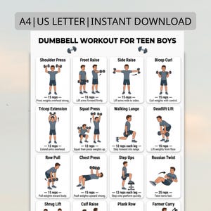 May include: A white informational poster titled DUMBBELL WORKOUT FOR TEEN BOYS with A4 | US LETTER | INSTANT DOWNLOAD text at the top. It features twelve illustrated exercise panels showing various dumbbell movements with rep counts and instructions.