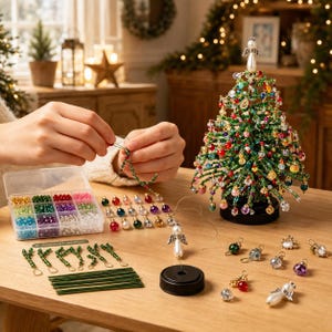May include: A DIY beaded Christmas tree kit featuring a wire frame, numerous multi-coloured glass beads, and small angel ornaments. The set includes a clear plastic organiser box filled with assorted beads, green wire stems, and a black circular base.