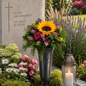 Pode incluir: Um vaso funerário de metal cinza-escuro com um design em relevo, contendo um arranjo floral de um grande girassol amarelo, pequenas flores cor-de-rosa, folhagem verde e uma maçã vermelha, diante de uma lápide de pedra com uma cruz.