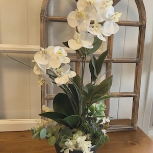 Könnte beinhalten: Ein künstliches Orchideen-Arrangement im Topf mit weißen Blüten und gelben Zentren, dunkelgrünen Blättern und hellgrünem Blattwerk. Die Pflanze befindet sich in einem dunkelgrauen, konischen Topf und bildet ein ausgewogenes botanisches Ensemble.
