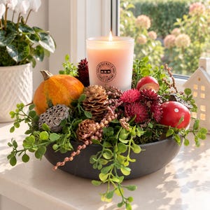 Höstmagiskt arrangemang med färsk pumpa, Bordarrangemang, Bordkrans, Höstgåva för många tillfällen, Pumparrangemang med värmeljushållare