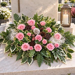 Könnte beinhalten: Ein Blumenarrangement mit rosa Rosen, grün-weiß panaschierten Blättern, Farnwedeln, Tannenzapfen und getrockneten Lotus-Samenkapseln. Das Arrangement liegt auf einer hellen Steinplatte neben einer Metalllaterne mit einer brennenden weißen Kerze.
