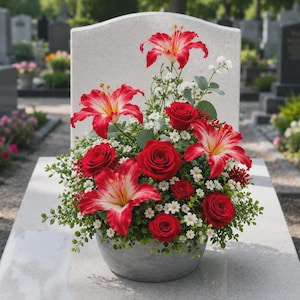 Può includere: Una composizione floreale in una ciotola grigia con gigli rossi e bianchi, rose rosso scuro e piccoli fiori bianchi di riempimento con fogliame verde. La composizione è posta su una superficie in pietra chiara con una lapide curva dietro.