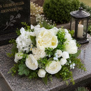 Può includere: Una composizione floreale con peonie, ortensie e ranuncoli bianchi mescolati a fogliame verde. Il bouquet è esposto su una superficie in granito accanto a una lanterna nera con una candela accesa e una lapide nera con il testo IN LIEBEVOLLER ERINNERUNG.