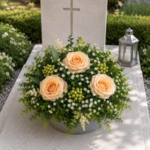 Könnte beinhalten: Ein Blumenarrangement in einem grauen Gefäß mit drei großen pfirsichfarbenen Rosen, Büscheln kleiner grüner Beeren und winzigen weißen Füllblumen, platziert auf einer Steinfläche vor einem Steinkreuz und einer Metalllaterne.