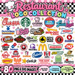May include: A digital collection of 80 restaurant logos featuring various fast food and beverage brands, including Chick-fil-A, Starbucks, McDonald's, and Taco Bell, arranged on a checkered background with pink accents and text.