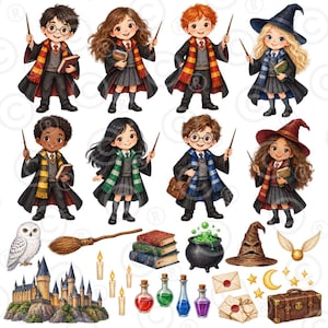 May include: A collection of eight cartoon wizard characters in school uniforms with wands, plus a white owl, broomstick, stack of books, cauldron, sorting hat, golden snitch, castle, candles, potion bottles, letters, and a brown suitcase.