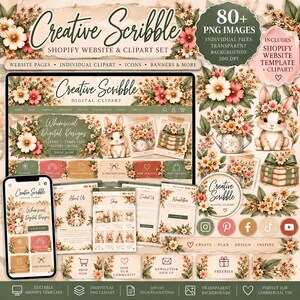 May include: A digital design set titled Creative Scribble featuring floral illustrations, a rabbit, and gift boxes. Includes website templates, icons, and banners with a soft color palette of cream, sage green, and muted pink tones.