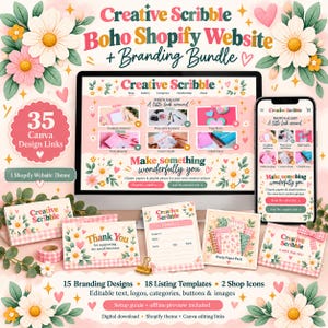 May include: A Creative Scribble Shopify website and branding bundle featuring 35 Canva design links, 15 branding designs, 18 listing templates, and 2 shop icons. The display shows a computer monitor and smartphone with floral graphics.
