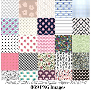 May include: A digital paper bundle featuring 869 PNG images with diverse patterns including floral prints, chevron, polka dots, hearts, gingham, stripes, and botanical motifs in various color palettes like pink, blue, black, white, and gold.