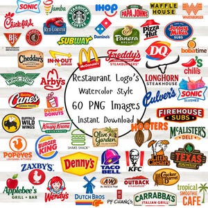 Könnte beinhalten: Eine Sammlung von sechzig Restaurant-Logos im Aquarellstil, präsentiert als PNG-Bilder. Der zentrale Text lautet: Restaurant Logo's Watercolor Style 60 PNG Images Instant Download. Die Logos zeigen verschiedene Fast-Food- und Restaurantmarken.