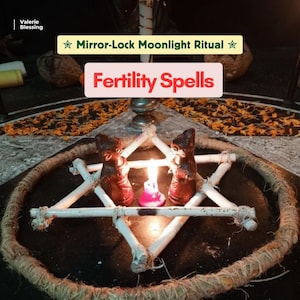 May include: A ritual setup featuring a six-pointed star made of white sticks, enclosing two brown figurines and a small pink candle with a lit flame. A circular rope border surrounds the star, with text reading Mirror-Lock Moonlight Ritual and Fertility Spells.