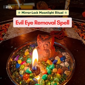 May include: A metal bowl filled with colorful glass marbles and a small owl figurine, featuring a lit candle. Text overlays read Valerie Blessing, Mirror-Lock Moonlight Ritual, and Evil Eye Removal Spell in a dark setting.
