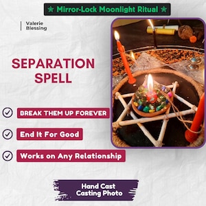 May include: A ritual setup featuring a pentagram made of light-coloured sticks, a central clay bowl filled with colourful glass marbles, and three lit red candles. Text includes Mirror-Lock Moonlight Ritual, Valerie Blessing, SEPARATION SPELL, BREAK THEM UP FOREVER, End It For Good, Works on Any Relationship, and Hand Cast Casting Photo.