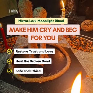 Peut inclure: Deux figurines enveloppées de ficelle se tiennent à l'intérieur d'un cadre en corde circulaire sur une surface sombre. Le texte indique : Valerie Blessing, Mirror-Lock Moonlight Ritual, MAKE HIM CRY AND BEG FOR YOU, Restore Trust and Love, Heal the Broken Bond, Safe and Ethical.