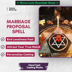 May include: A ritual display featuring the text Mirror-Lock Moonlight Ritual, Valerie Blessing, and Marriage Proposal Spell. The image shows a star-shaped arrangement with two red figures, a rope circle, lit candles, and scattered flower petals.