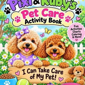 May include: A colourful activity book titled Pixi & Ruby's Pet Care Activity Book featuring two curly-haired dogs in purple and green shirts. The cover shows a blue food bowl, a tennis ball, a bone, a rope toy, and a pink collar.