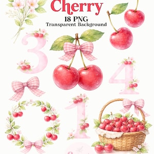 Puede incluir: Un paquete de arte digital en acuarela con cerezas rojas, números rosas, una cesta de mimbre llena de cerezas y lazos de cuadros vichy rosas. El texto incluye Cherry, 18 PNG Transparent Background, Watercolor Art Bundle e Instant Download.