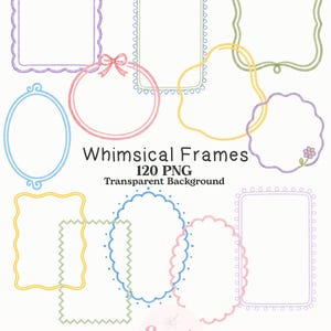 Può includere: Una collezione di cornici digitali in varie forme e colori pastello tra cui viola, rosa, blu, giallo e verde. Il testo recita Whimsical Frames 120 PNG Transparent Background, Watercolor Art Bundle, Suzi's art shop, Instant Dowload High Resolution.