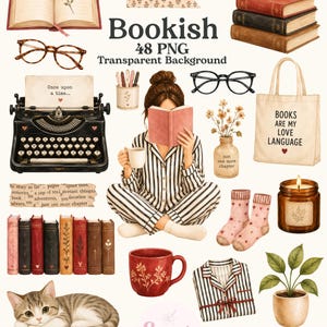 Pode incluir: Uma coleção digital de ilustrações em aquarela apresentando um livro aberto, uma máquina de escrever com o texto Once upon a time, uma pessoa lendo de pijama listrado, uma sacola com o texto BOOKS ARE MY LOVE LANGUAGE, livros, canecas, óculos e um gato.