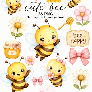 May include: A digital art bundle featuring watercolor illustrations of bees, honey pots, honeycombs, flowers, and bows. The text reads cute bee, 28 PNG Transparent Background, bee happy, Suzi's art shop, Watercolor Art Bundle, and Instant Download High Resolution.