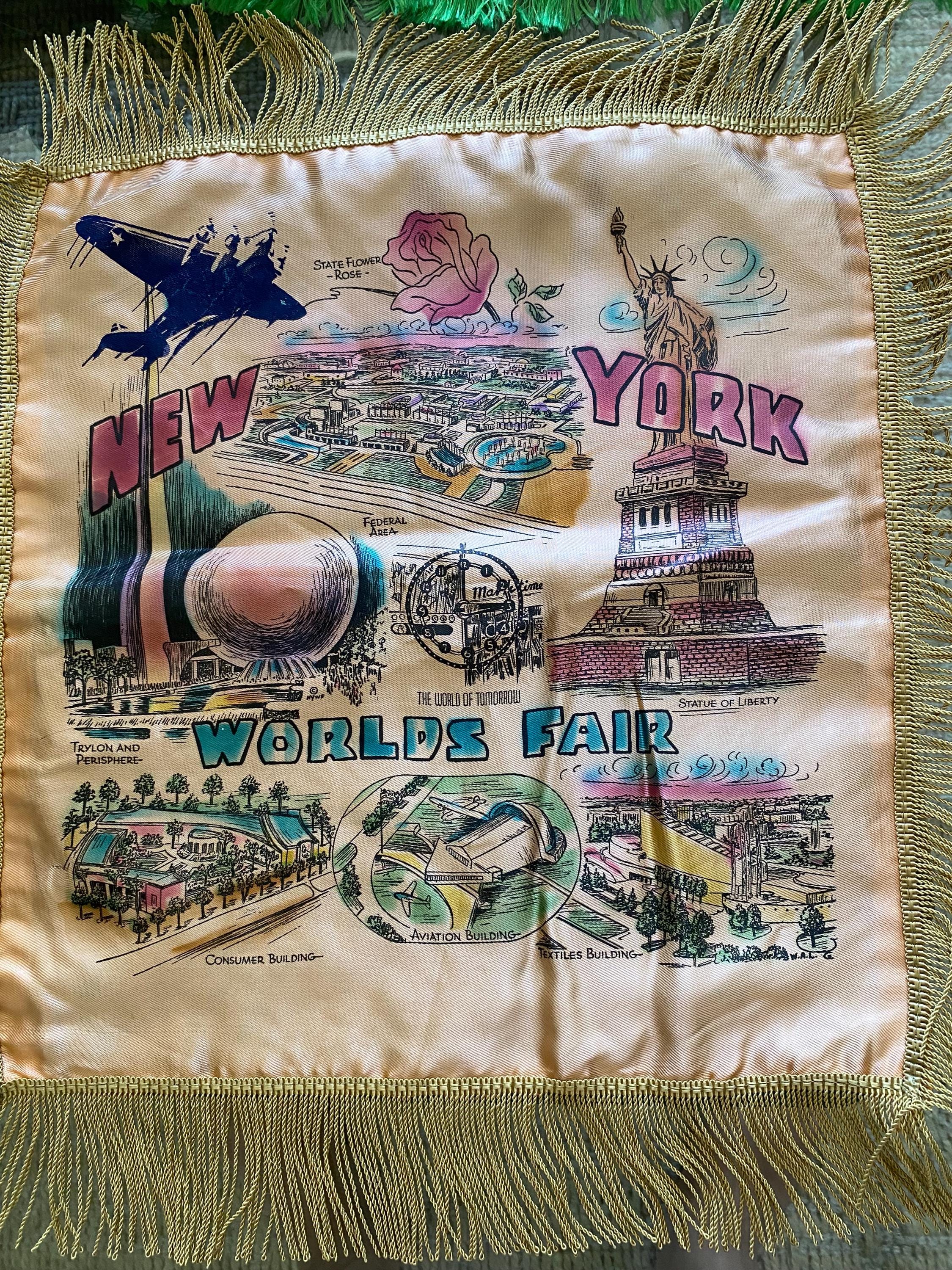 Vintage 1930’s Art Deco Satin New York Worlds Fair Souvenir Fringed Throw Pillow Cover