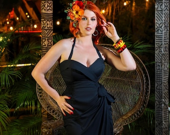 Loreleis Vintage 1950's Style Hawaiian Sarong Sundress: Bali Hai Jet Black Print