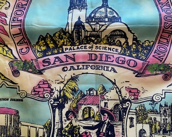 Vintage 1930s Art Deco Satin San Diego California Travel Pacific International Exposition  Souvenir Fringed Throw Pillow Cover