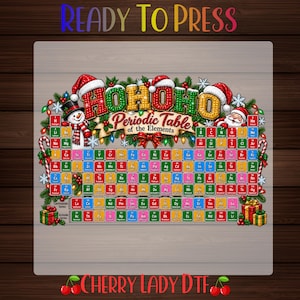 May include: A colorful graphic design featuring the text HOHOHO and Periodic Table of the Elements. The design includes a snowman, Santa Claus, Christmas lights, candy canes, snowflakes, and gift boxes surrounding a periodic table grid.
