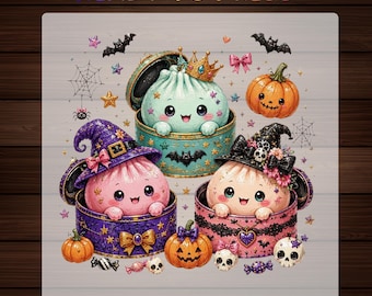 May include: A Ready To Press transfer featuring three cute, round characters in containers. One is mint green with a crown, one is pink with a purple witch hat, and one is peach with a black hat. Includes pumpkins, bats, spiders, and skulls.