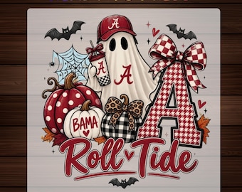 May include: A graphic design featuring a ghost wearing a crimson baseball cap with an A, holding a cup with an A. Includes a red polka dot pumpkin, a white pumpkin labeled BAMA, a plaid pumpkin, a large letter A with a bow, and the text Roll Tide.